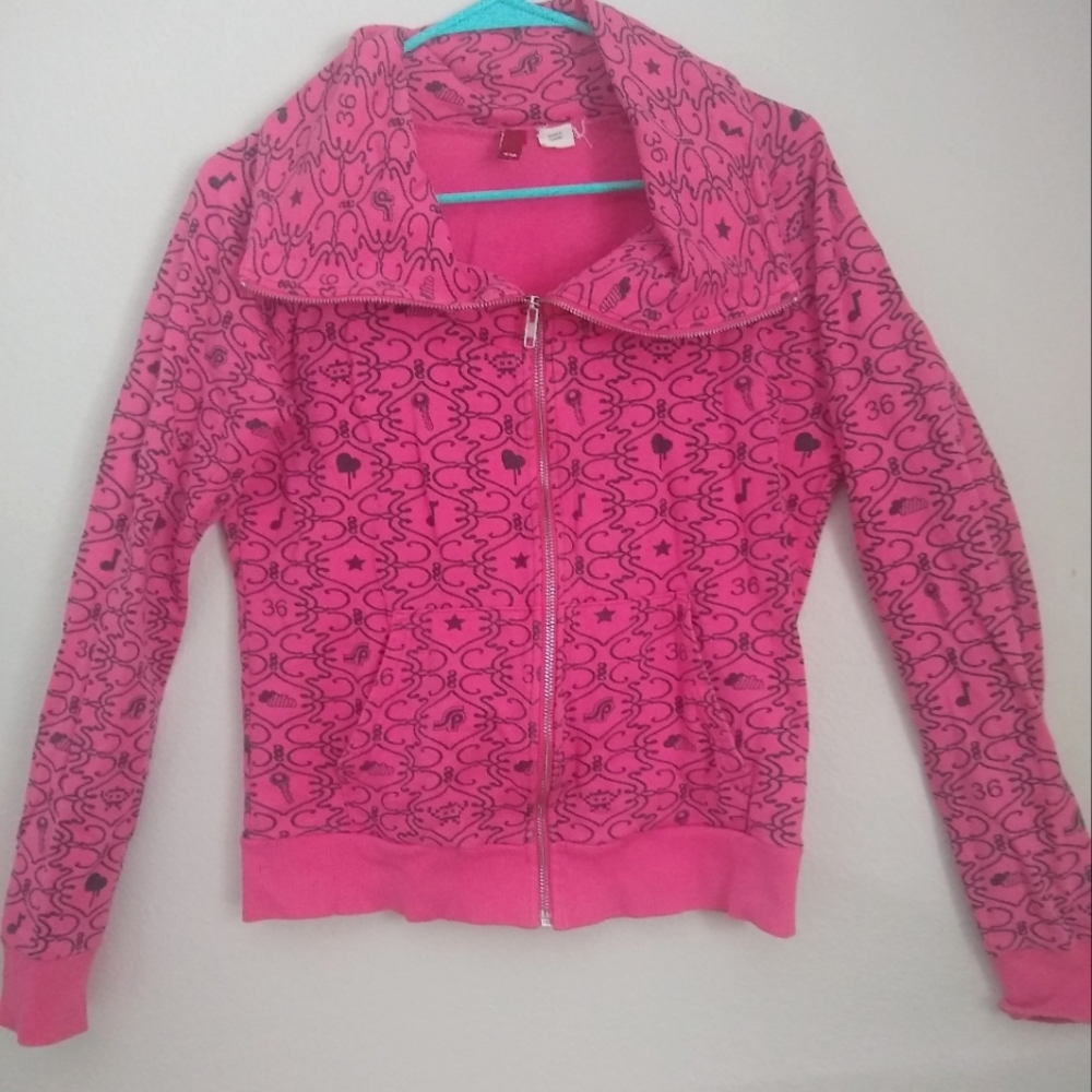 🩷 H&M hot pink women's zip-up sweatshirt  with fun print | Size 10